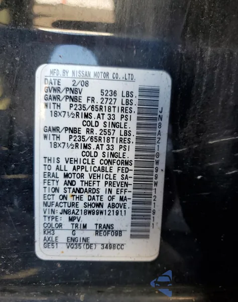 2009 Nissan Murano S from USA, damaged, VIN JN8AZ18W99W121911